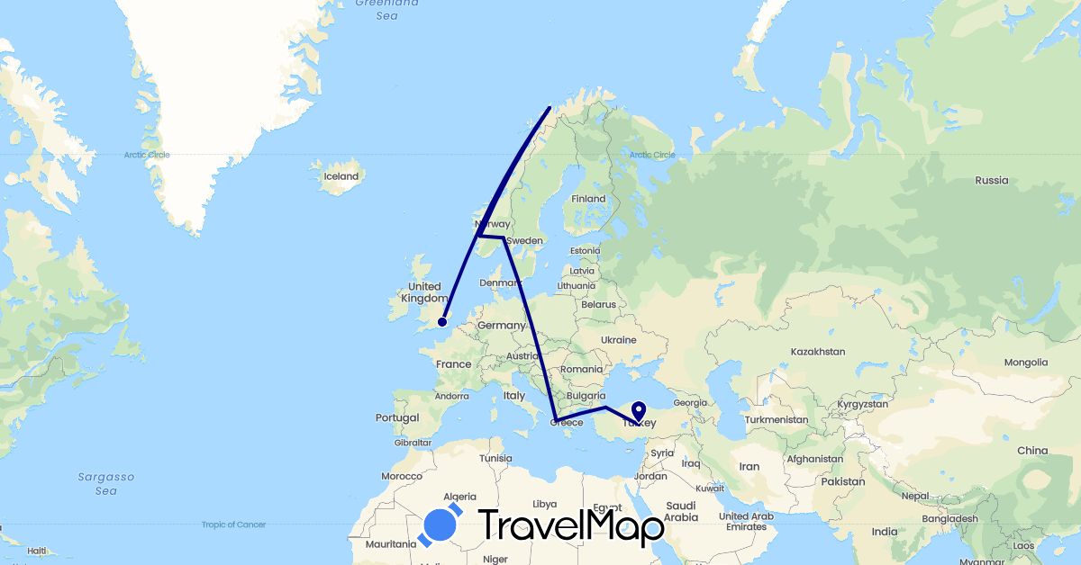 TravelMap itinerary: driving in United Kingdom, Greece, Norway, Turkey (Asia, Europe)
